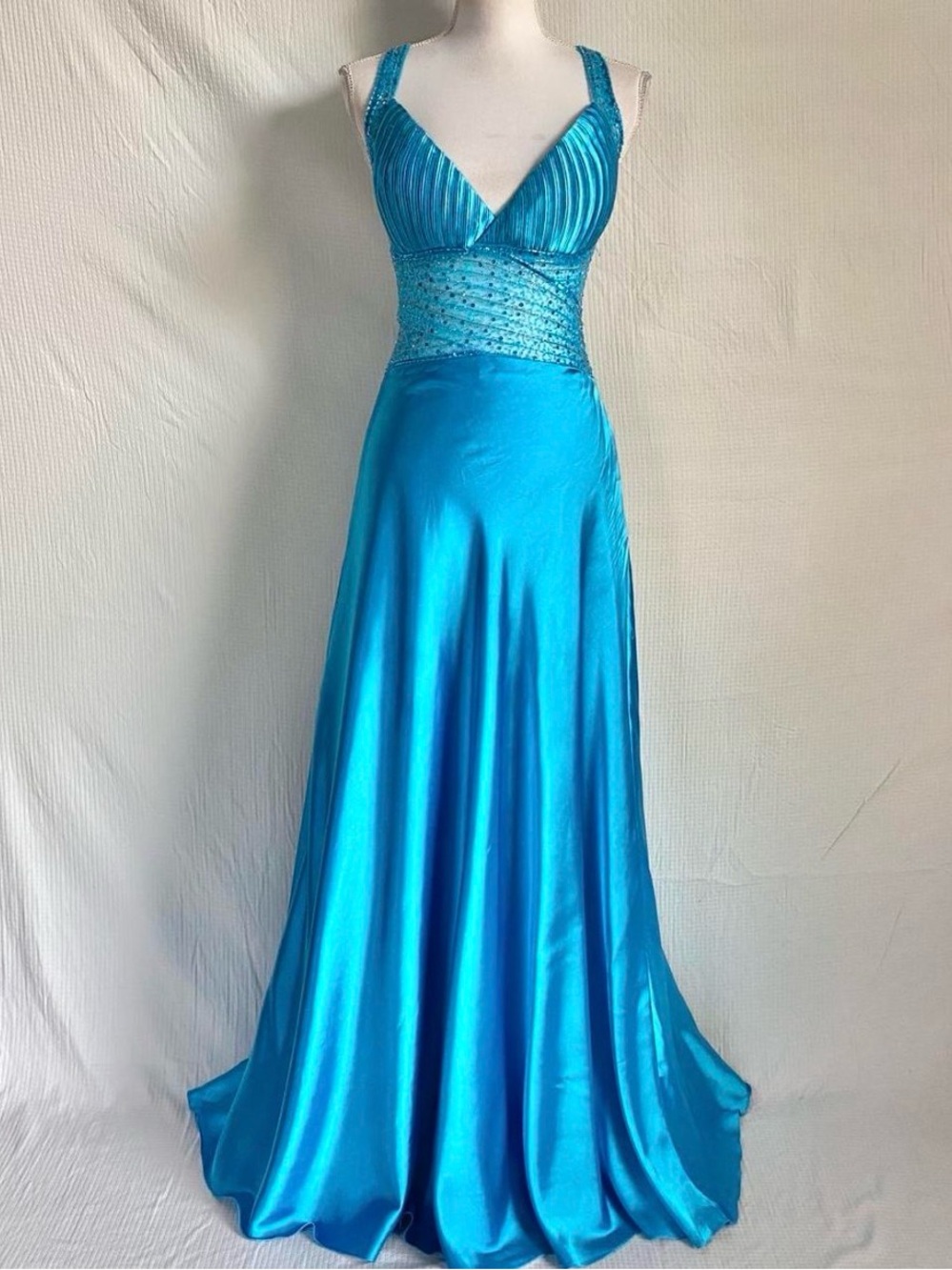 Aspeed Turquoise Satin Prom Gown with Beaded Waist